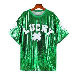 St Pattys Patricks Day Shamrock Lucky Leprechaun Irish Sequin Jersey Tunic Top M
